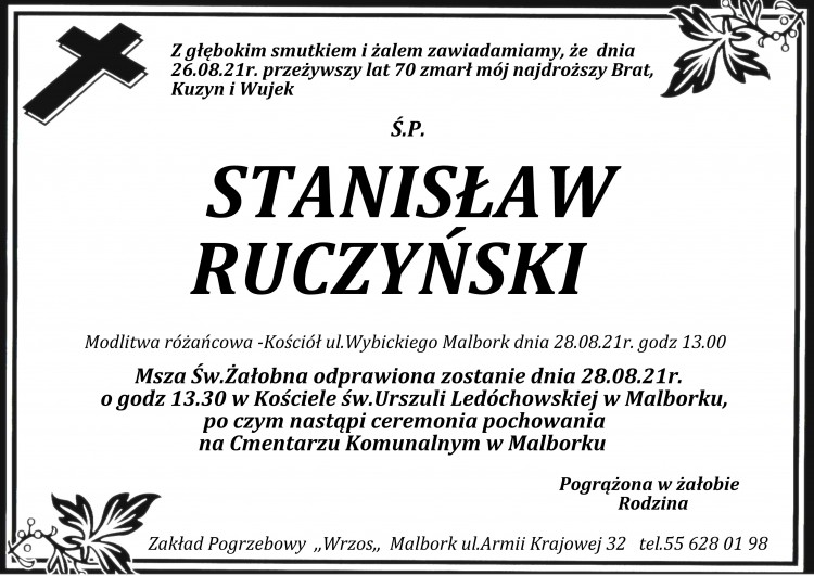 Zmarł Stanisław Ruczyński. Żył 70 lat.