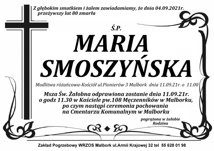 Zmarła Maria Smoszyńska. Żyła 80 lat.