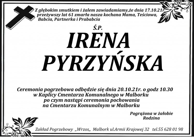 Zmarła Irena Pyrzyńska. Żyła 61 lat.