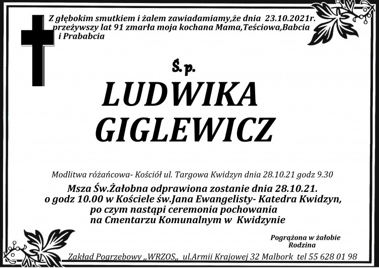 Zmarła Ludwika Giglewicz. Żyła 91 lat.