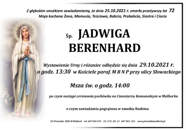 Zmarła Jadwiga Berenhard. Żyła 72 lata.