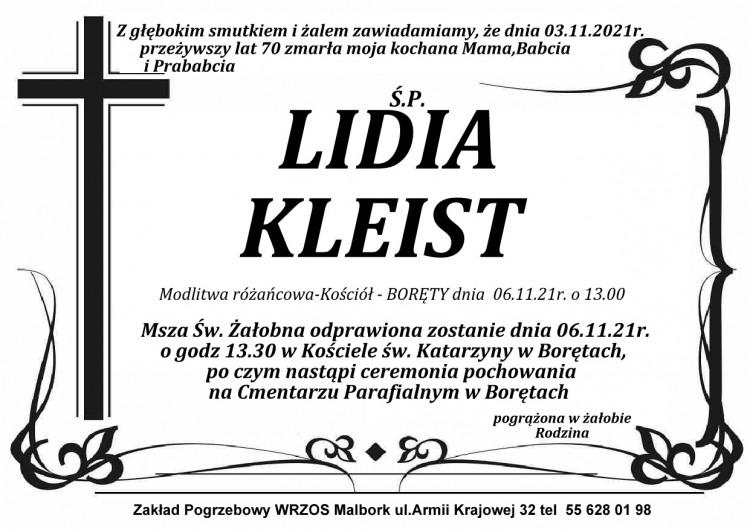 Zmarła Lidia Kleist. Żyła 70 lat.