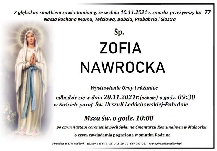 Zmarła Zofia Nawrocka. Żyła 77 lat.