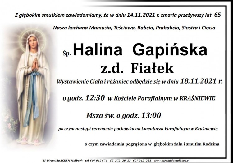 Zmarła Halina Gapińska. Żyła 65 lat.
