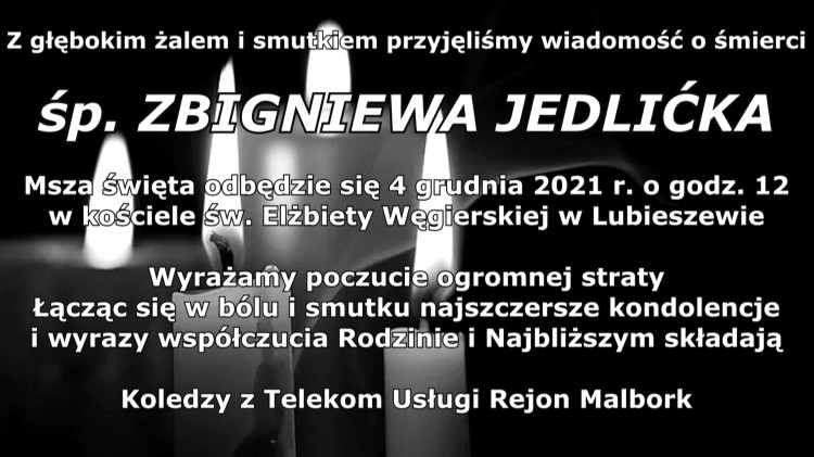 Kondolencje pracowników Telekom Usługi Rejon Malbork.