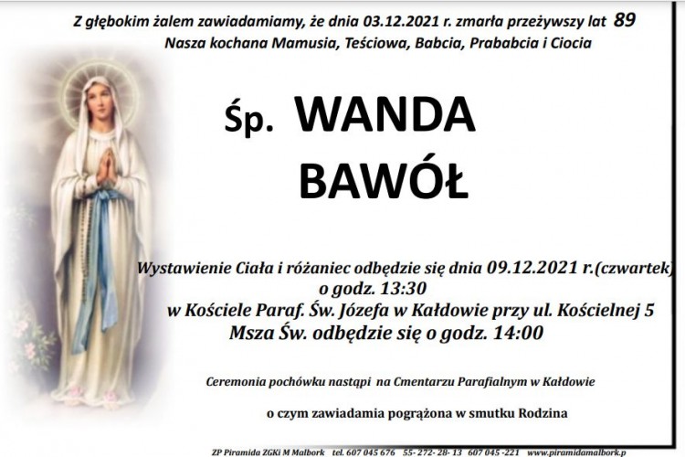 Zmarła Wanda Bawół. Żyła 89 lat.