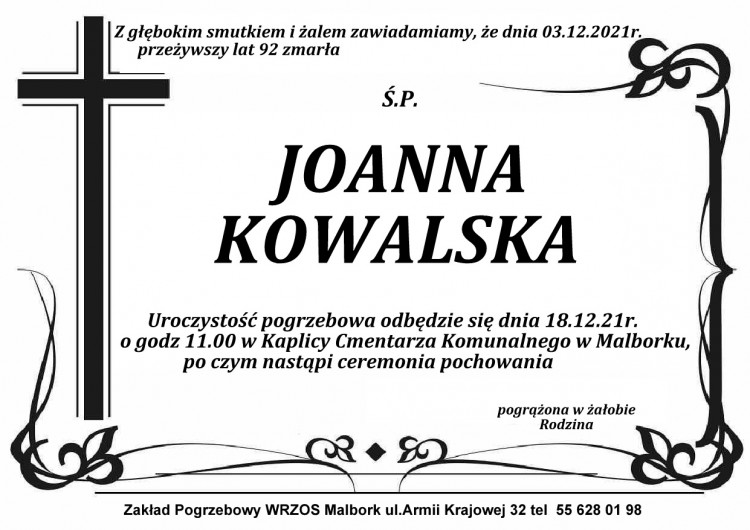 Zmarła Joanna Kowalska. Żyła 92 lata.