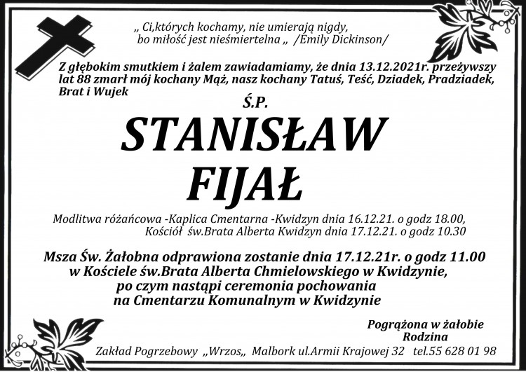 Zmarł Stanisław Fijał. Żył 88 lat.
