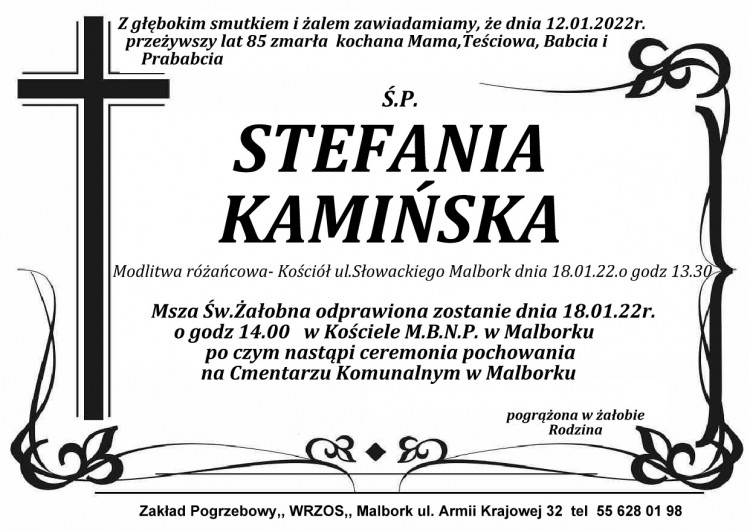 Zmarła Stefania Kamińska. Żyła 85 lat.