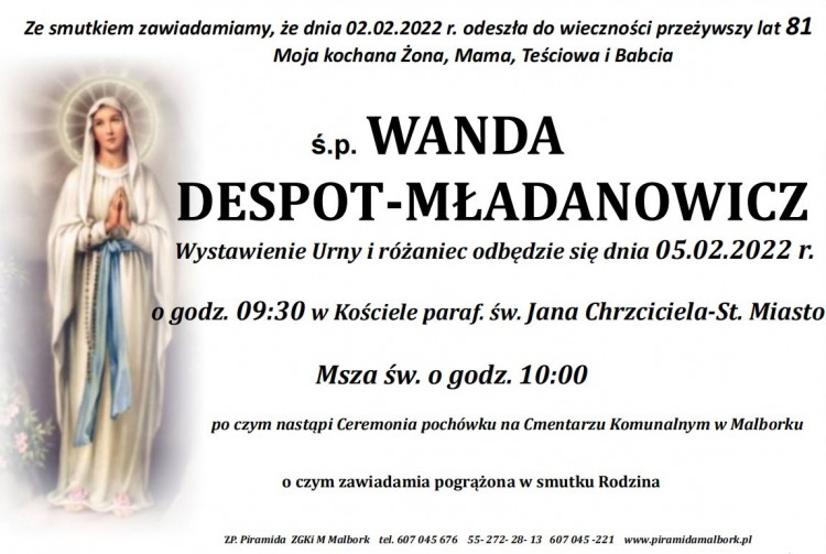 Zmarła Wanda Despot - Mładanowicz. Żyła 81 lat.