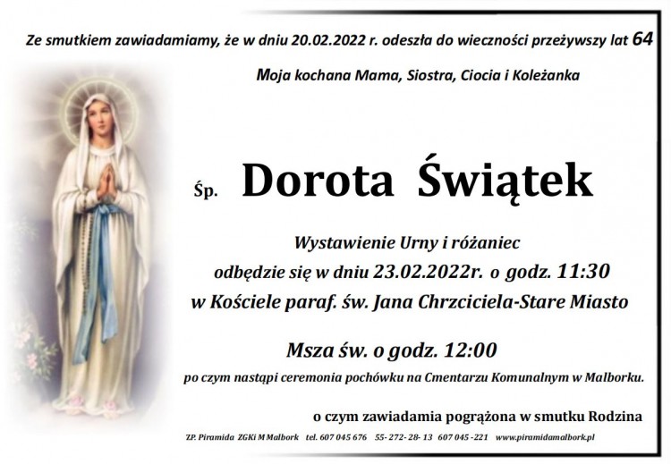 Zmarła Dorota Świątek. Żyła 64 lata.