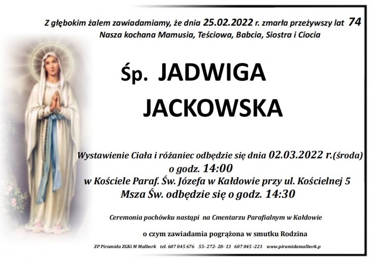 Zmarła Jadwiga Jackowska. Żyła 74 lata.