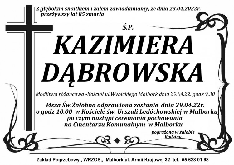 Zmarła Kazimiera Dąbrowska. Żyła 85 lat.