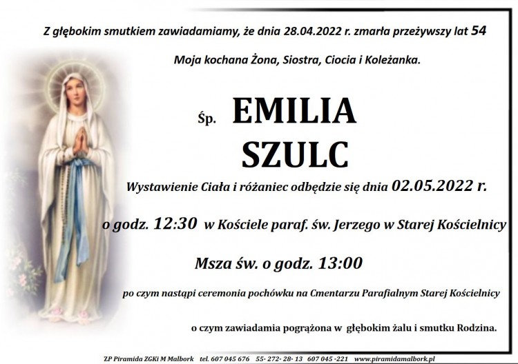 Zmarła Emilia Szulc. Żyła 54 lata.