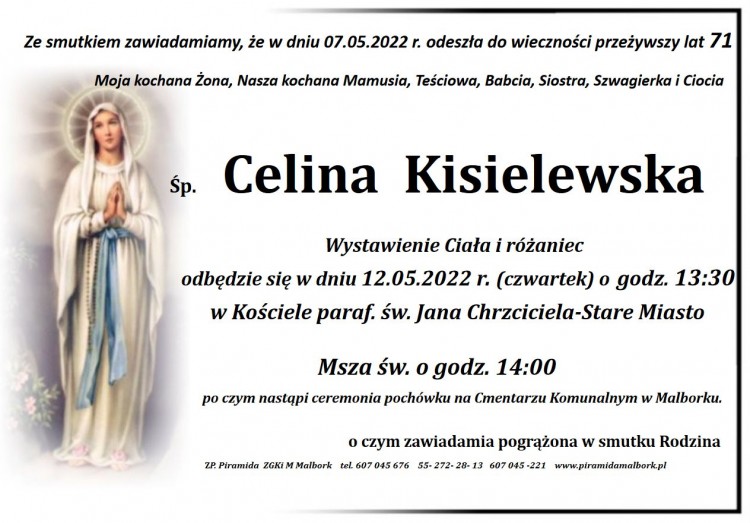 Zmarła Celina Kisielewska. Żyła 71 lat.