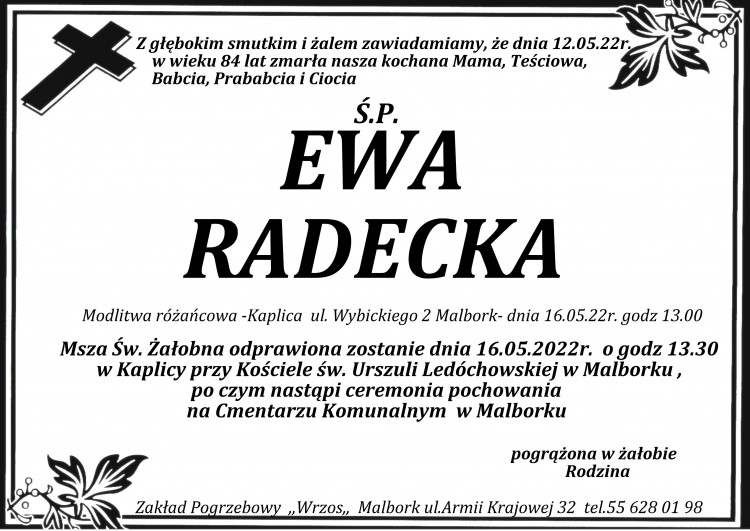 Zmarła Ewa Radecka. Żyła 84 lata.