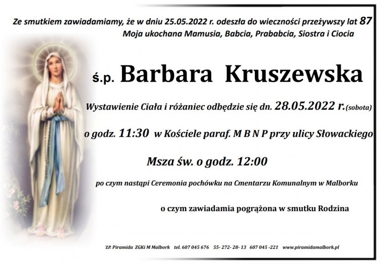 Zmarła Barbara Kruszewska. Żyła 87 lat.