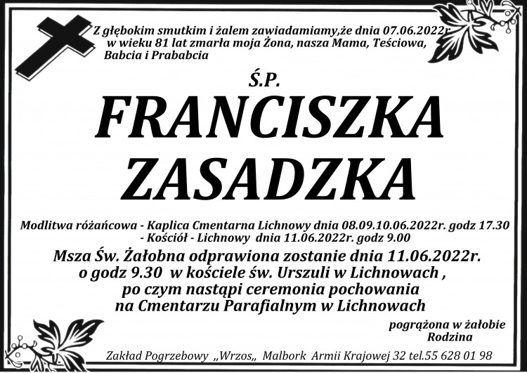 Zmarła Franciszka Zasadzka. Żyła 81 lat.