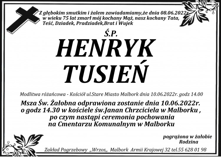 Zmarł Henryk Tusień. Żył 75 lat.