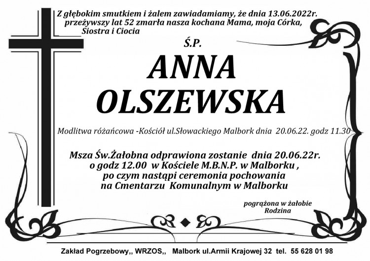 Zmarła Anna Olszewska. Żyła 52 lata.