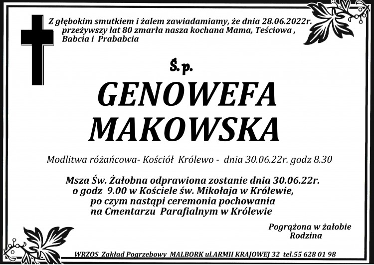 Zmarła Genowefa Makowska. Żyła 80 lat.