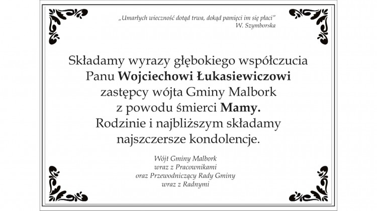 Kondolencje Wójta Gminy Malbork wraz z Pracownikami oraz Przewodniczącego…