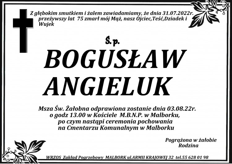 Zmarł Bogusław Angieluk. Żył 75 lat.
