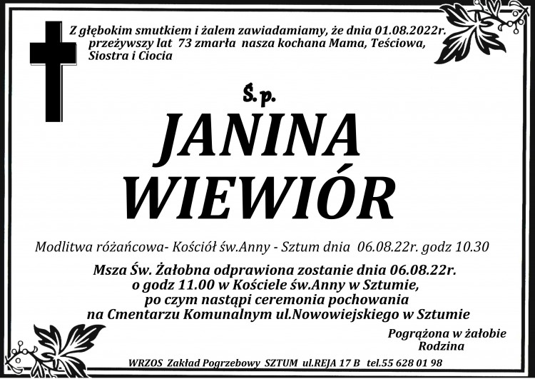 Zmarła Janina Wiewiór. Żyła 73 lata.