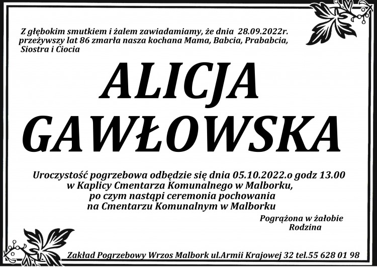 Odeszła Alicja Gawłowska. Miała 86 lat.