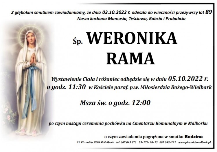 Zmarła Weronika Rama. Żyła 89 lat.