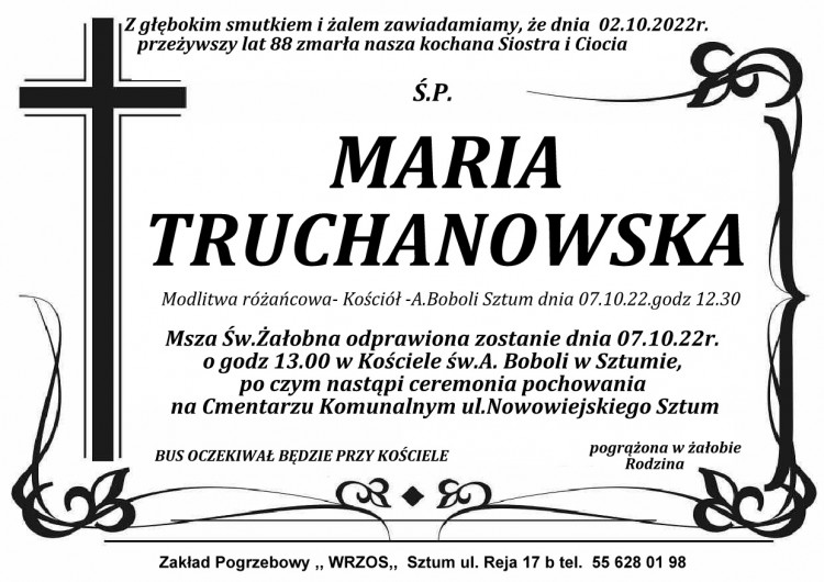 Zmarła Maria Truchanowska. Miała 88 lat.