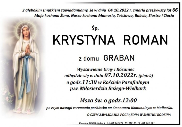 Zmarła Krystyna Roman. Żyła 66 lat.