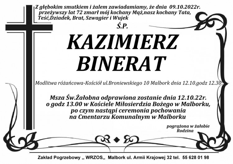 Zmarł Kazimierz Binerat. Miał 72 lata.