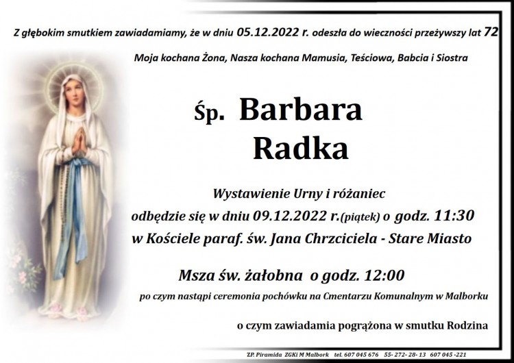 Zmarła Barbara Radka. Żyła 72 lata.