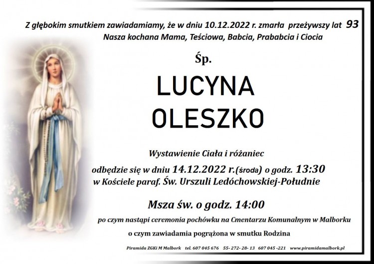 Zmarła Lucyna Oleszko. Żyła 93 lata.