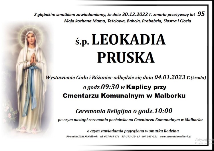 Zmarła Leokadia Pruska. Żyła 95 lat.