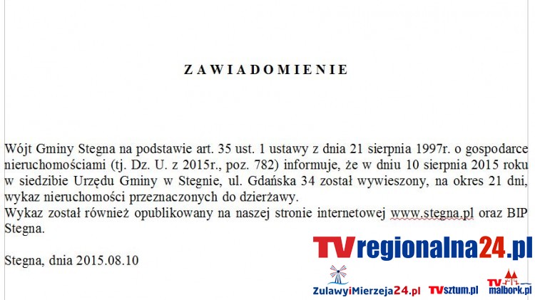 STEGNA: WYKAZ NIERUCHOMOŚCI DO DZIERŻAWY - 10.08.2015