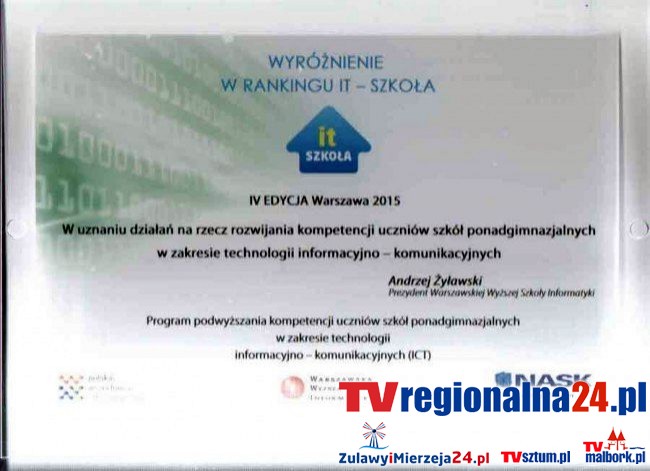 Nowy Dwór Gd. Wyróżnienie dla Zespołu Szkół nr 2 - 17.11.2015