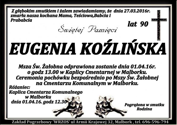 Zmarła Eugenia Koźlińska. Żyła 90 lat.