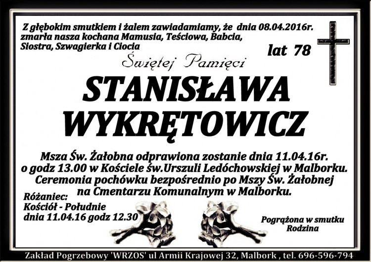 Zmarła Stanisława Wykrętowicz. Żyła 78 lat.