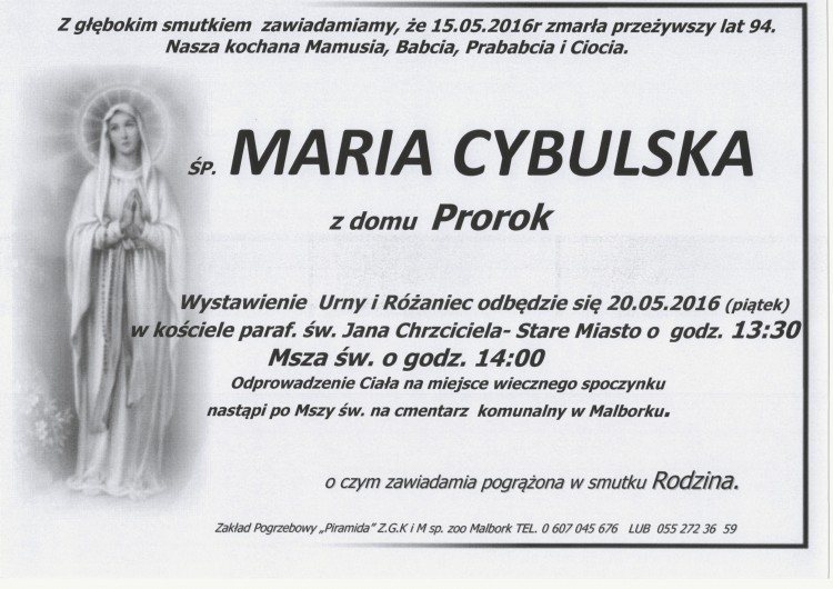 Zmarła Maria Cybulska. Żyła 94 lata.