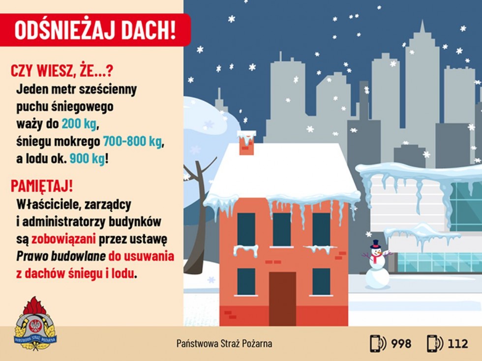 Straż pożarna przypomina – odśnieżanie dachu obowiązkiem właścicieli obiektów budowlanych.