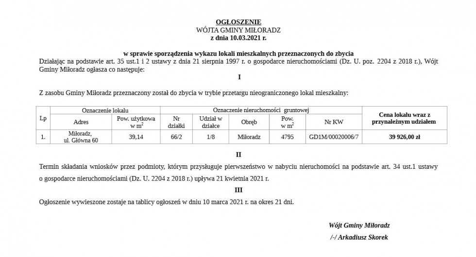 Ogłoszenie Wójta Gminy Miłoradz z dnia 10 marca 2021 r. w sprawie sporządzenia wykazu lokali mieszkalnych przeznaczonych do zbycia.