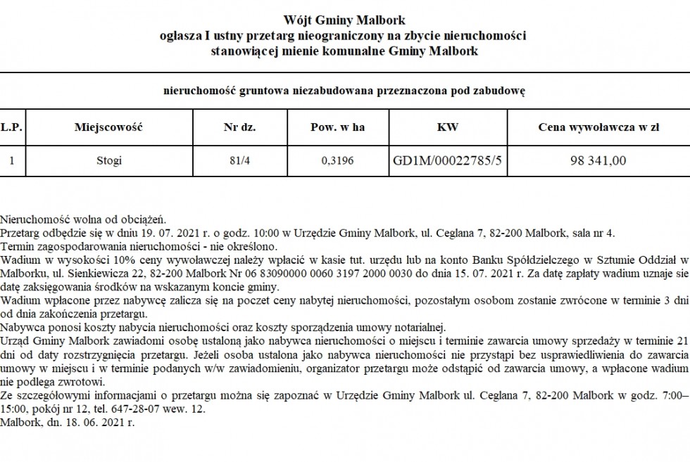 Wójt Gminy Malbork ogłasza I ustny przetarg nieograniczony na zbycie nieruchomości stanowiącej mienie komunalne Gminy Malbork