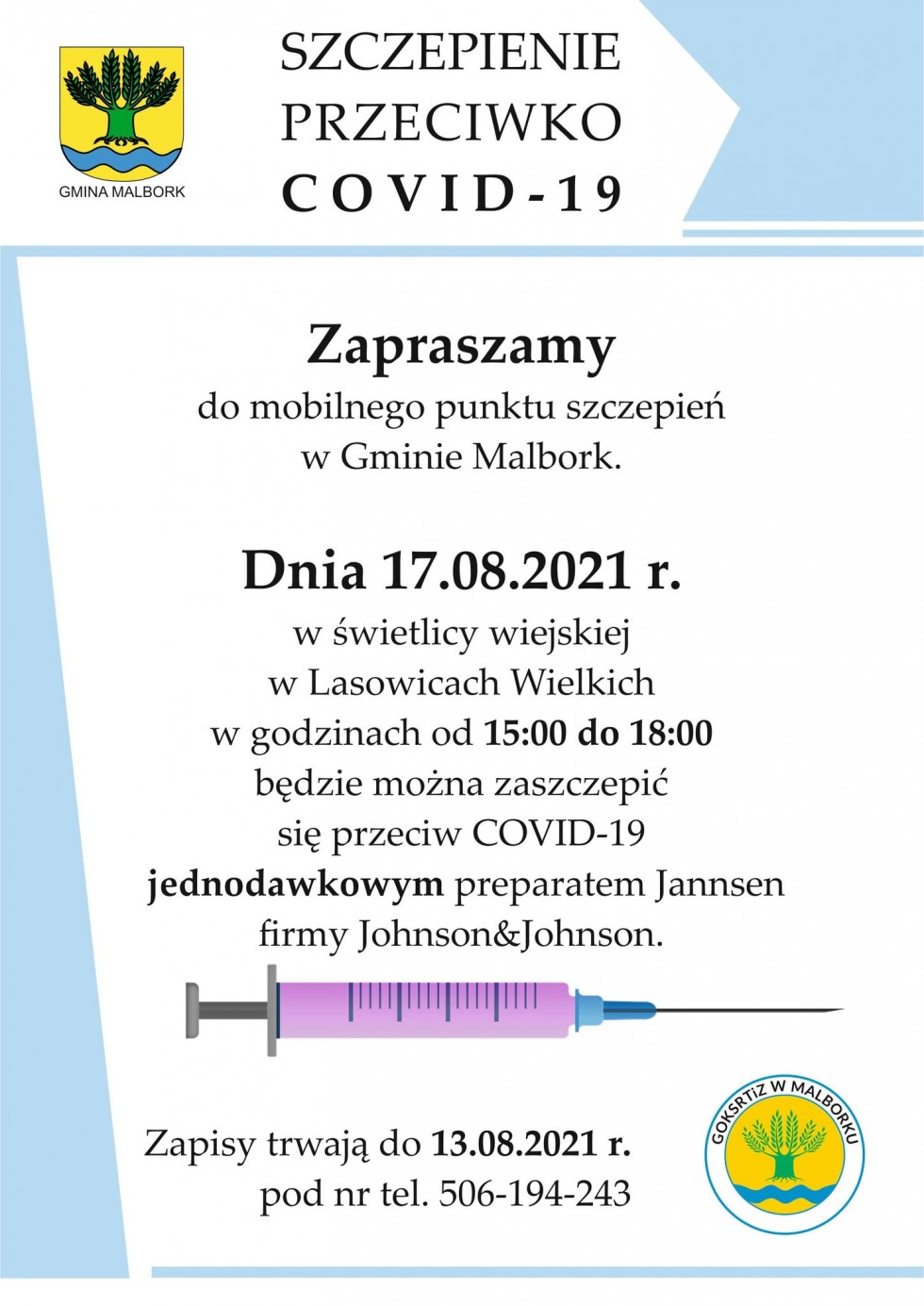 Gmina Malbork. Przyjdź się zaszczepić w mobilnym punkcie szczepień.