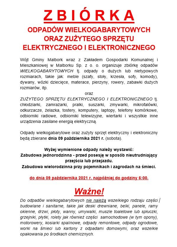 Gmina Malbork. 9 października odbędzie się zbiórka odpadów wielkogabarytowych oraz zużytego sprzętu elektrycznego i elektronicznego.