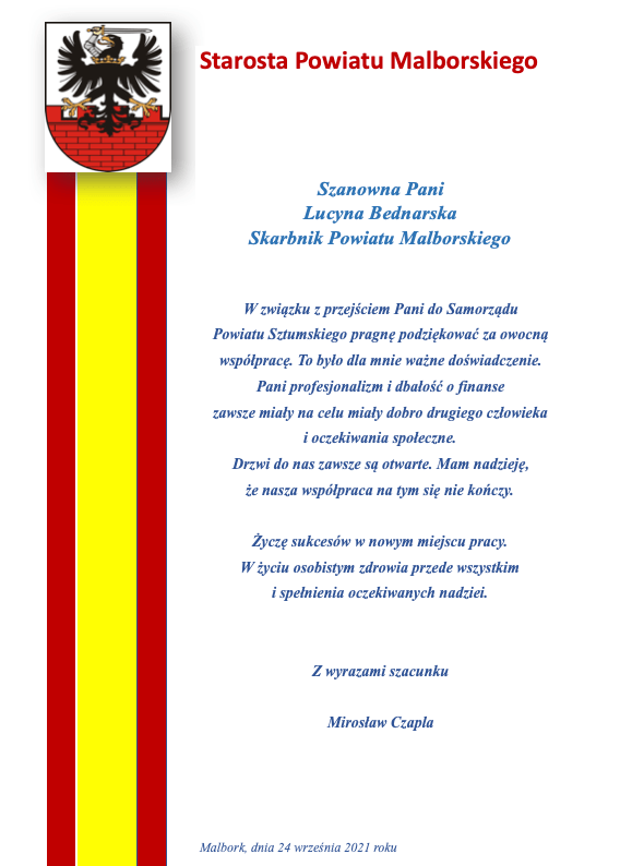Malbork. Zmiana na stanowisku skarbnika powiatu.
