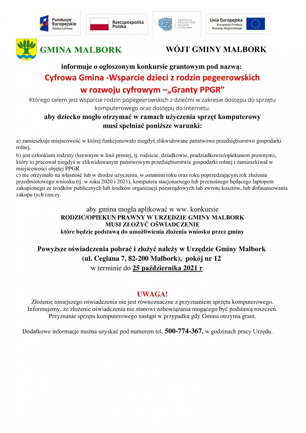 Gmina Malbork. Wsparcie dzieci z rodzin PGR w rozwoju cyfrowym -  można składać już wnioski.