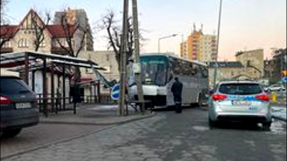 Malbork. Autobus uderzył w słup telegraficzny, po drodze uszkadzając lampę i znak drogowy.
