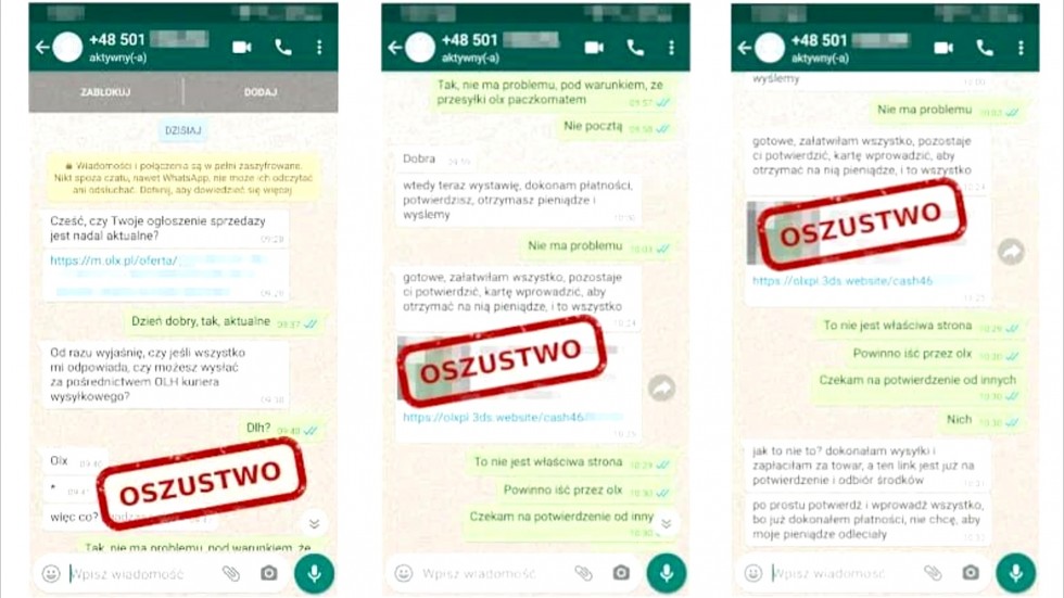 Malbork. Kobieta straciła ponad 10 tys. zł - policjanci ostrzegają przed oszustwami przy pomocy OLX i WhatsApp.